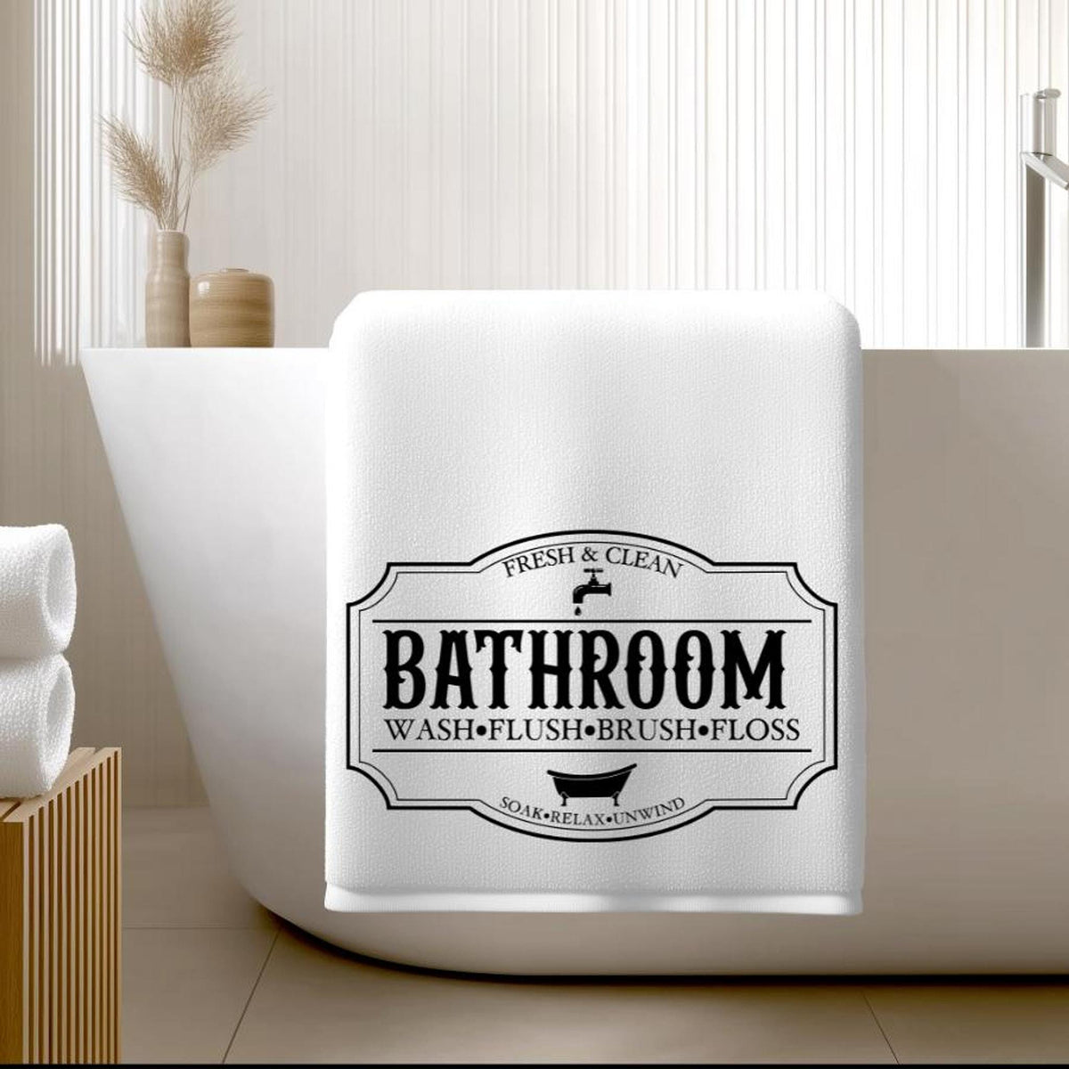 Vintage Bath Towel with Bathroom Typography, Black and White Design