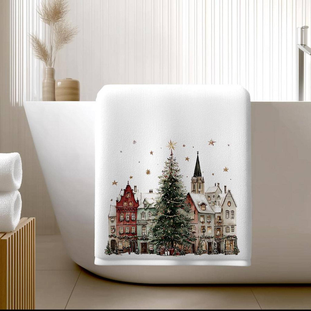 Christmas Bath Towel with Snowy Village Design, 24 x 42 Inches