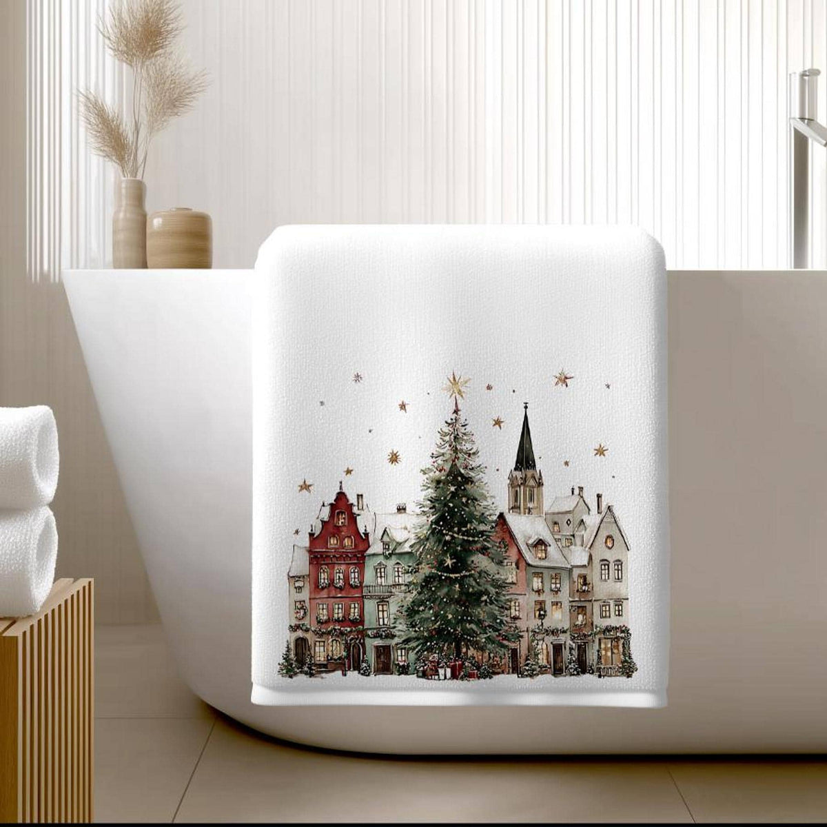 Christmas Bath Towel with Snowy Village Design, 24 x 42 Inches