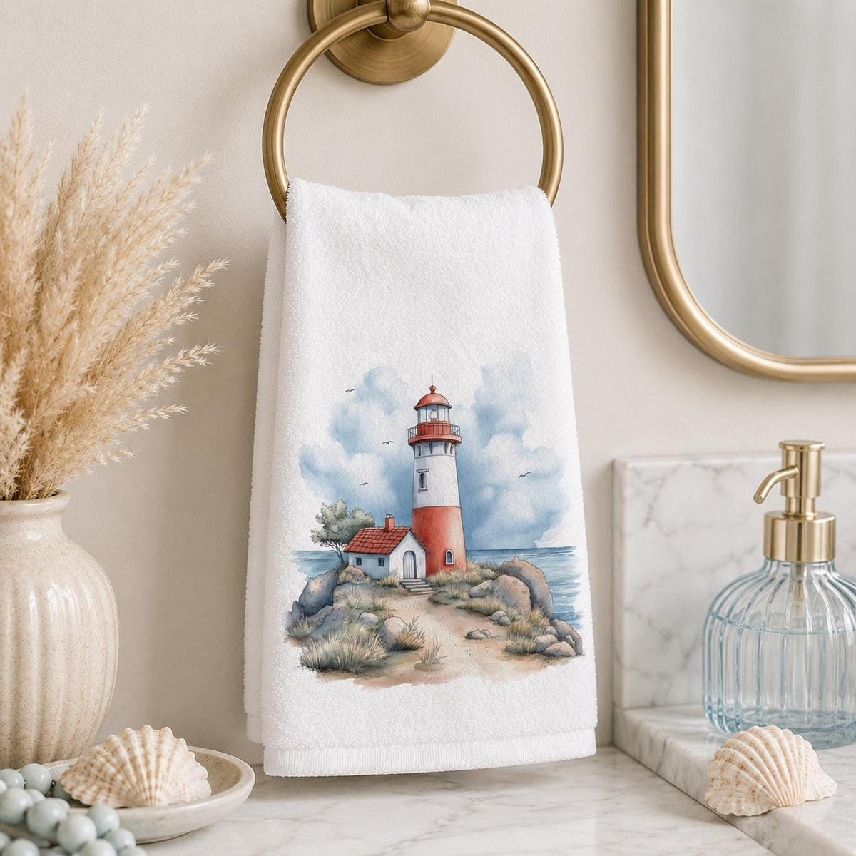 Fingertip Towel, Lighthouse Print, 11 x 18 Inch Cotton Terry Back