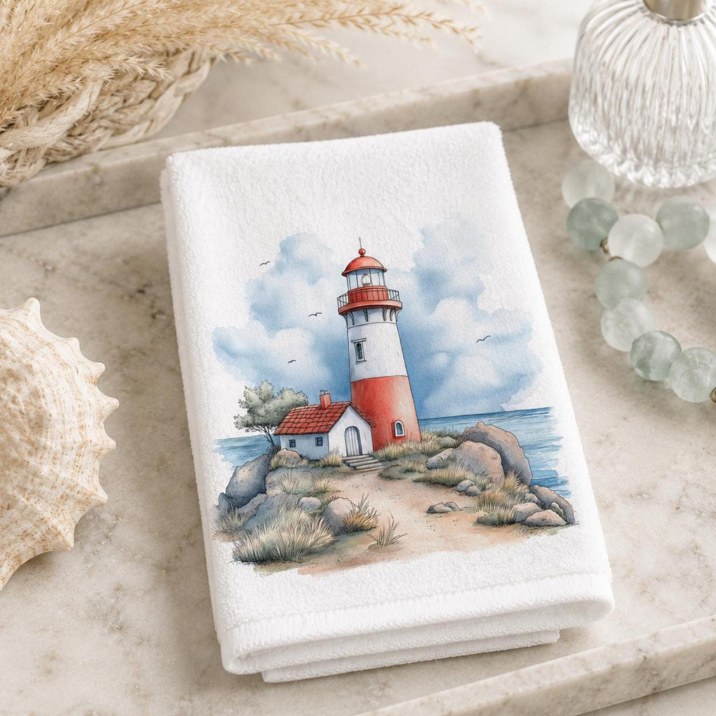 Fingertip Towel, Lighthouse Print, 11 x 18 Inch Cotton Terry Back