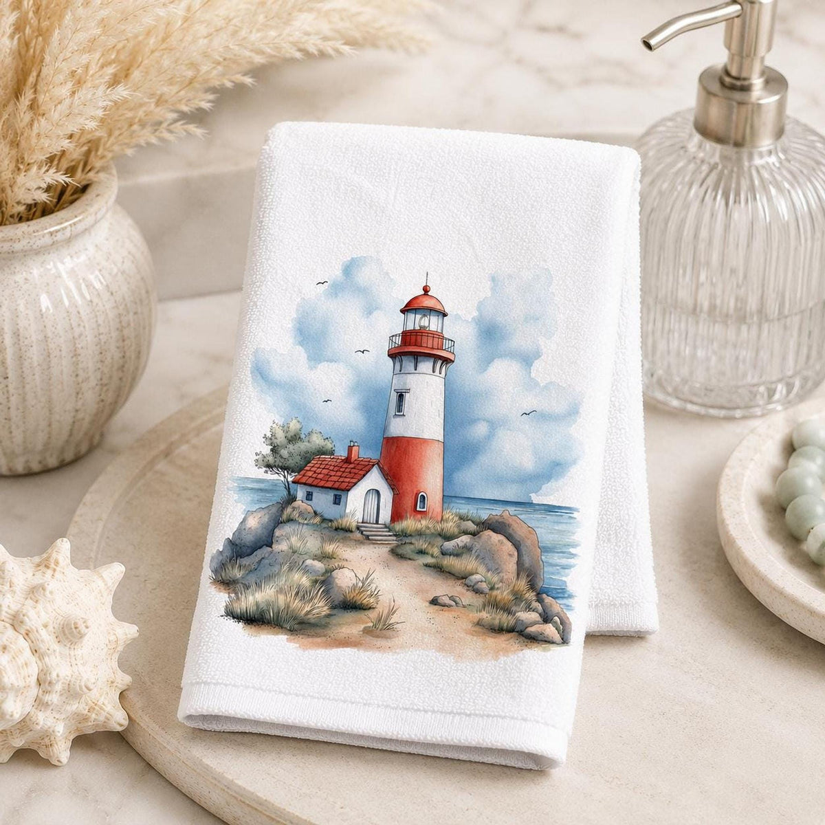Fingertip Towel, Lighthouse Print, 11 x 18 Inch Cotton Terry Back