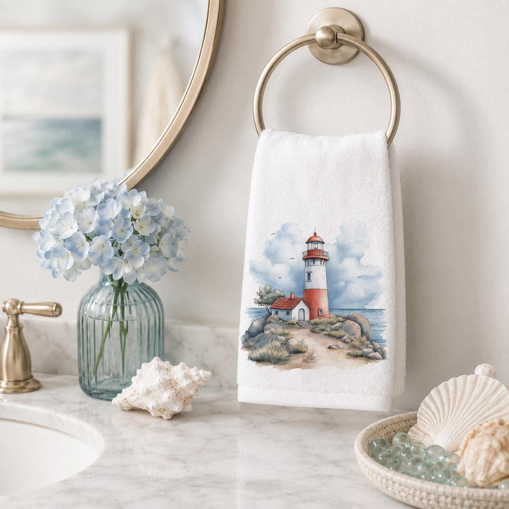 Fingertip Towel, Lighthouse Print, 11 x 18 Inch Cotton Terry Back