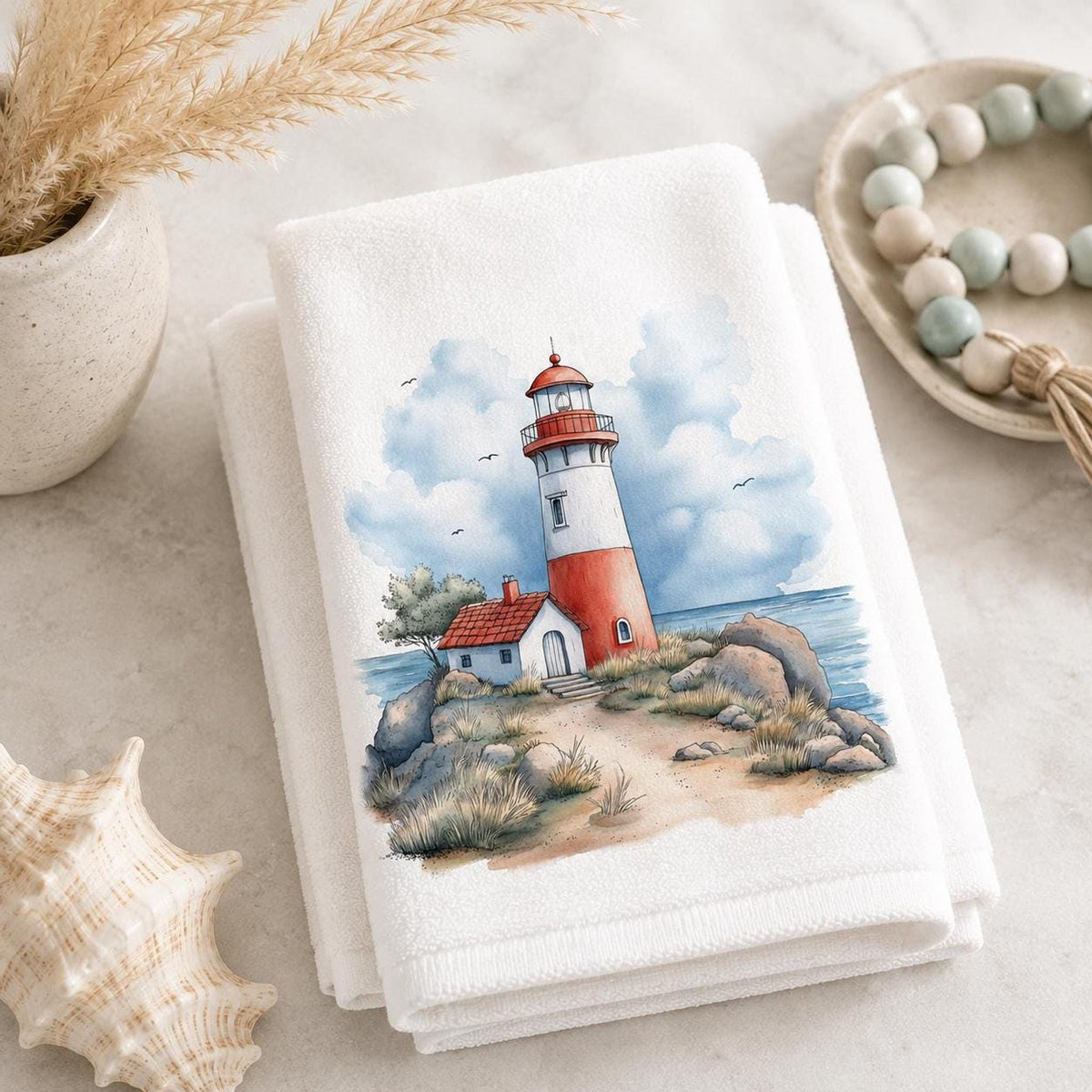 Fingertip Towel, Lighthouse Print, 11 x 18 Inch Cotton Terry Back