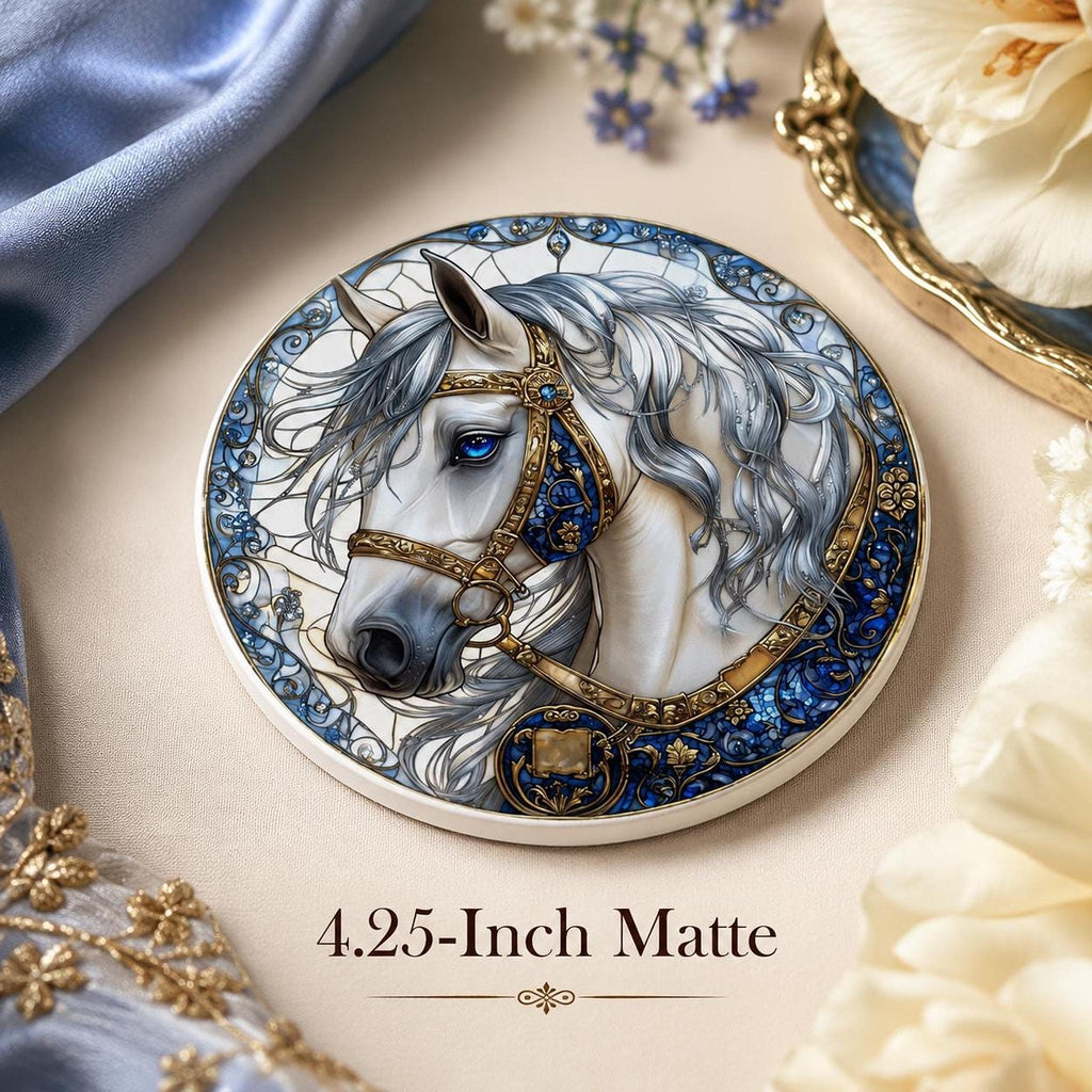 White Horse Coaster, Elegant Equestrian Decor with Blue and Gold Accents