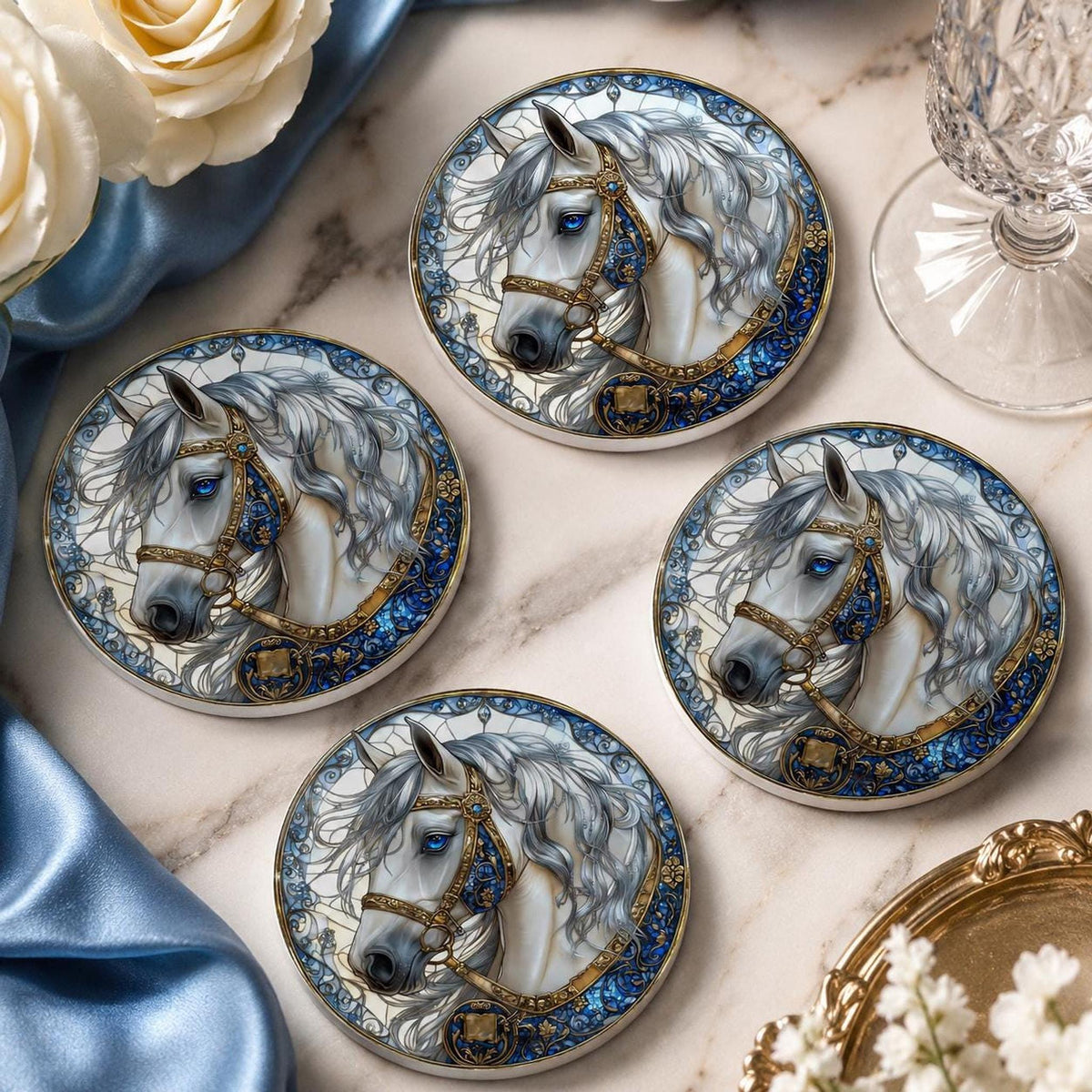 White Horse Coaster, Elegant Equestrian Decor with Blue and Gold Accents