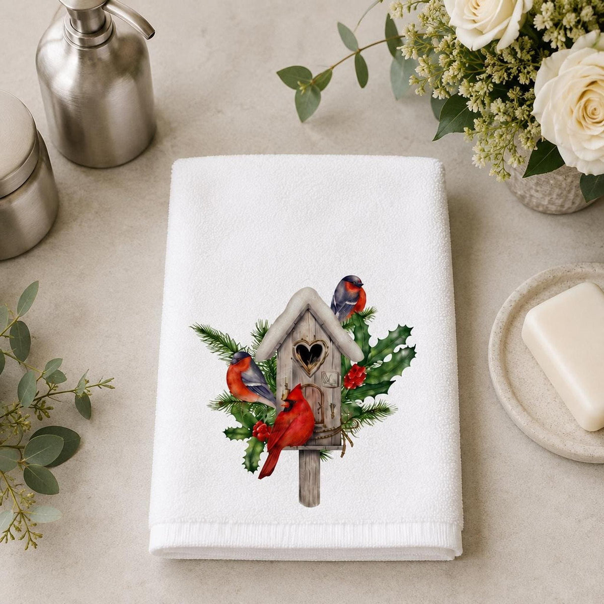 Cardinal Christmas Hand Towel, Birdhouse Design with Holly Berries