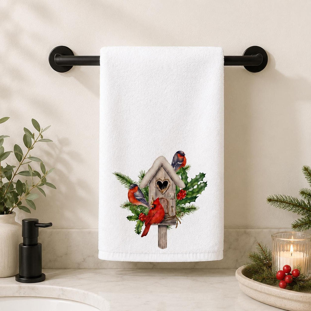 Cardinal Christmas Hand Towel, Birdhouse Design with Holly Berries