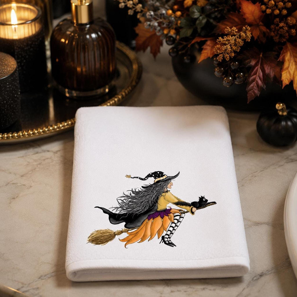 Witch Towel with Whimsical Artwork, Halloween Fingertip for Guest Bath