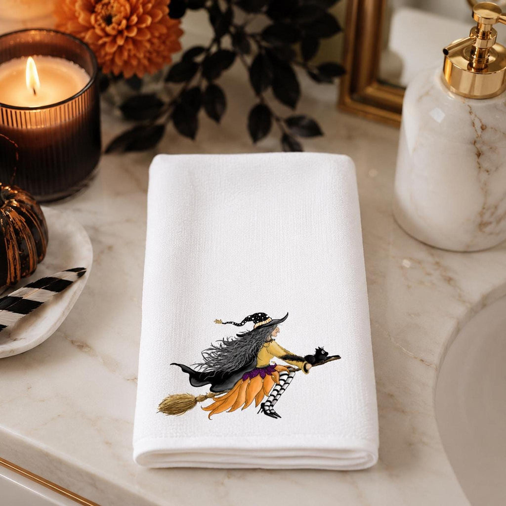 Witch Towel with Whimsical Artwork, Halloween Fingertip for Guest Bath