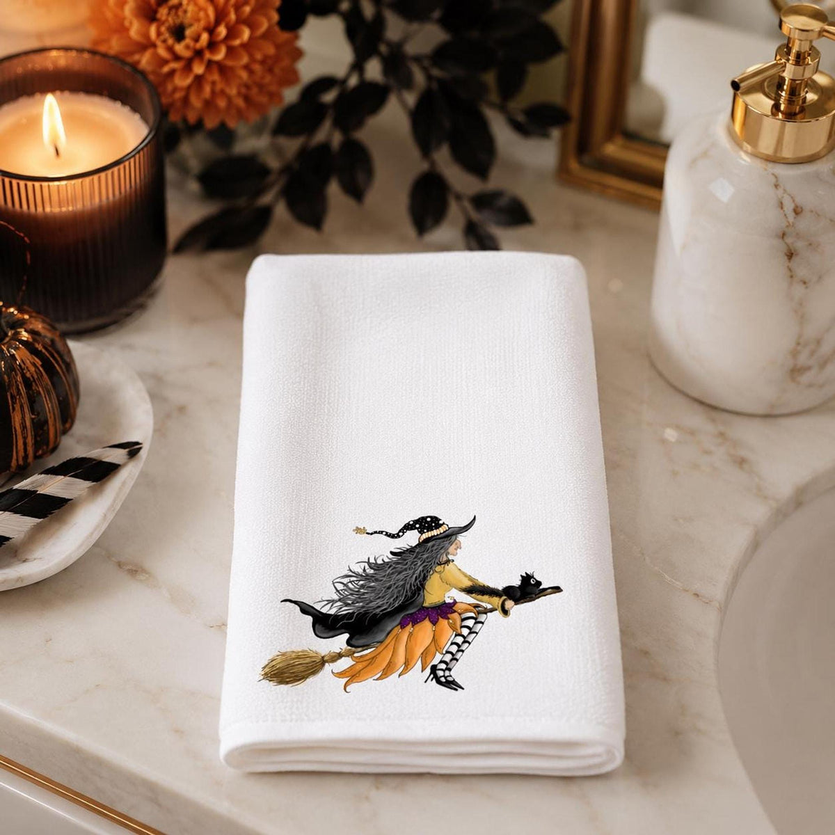 Witch Towel with Whimsical Artwork, Halloween Fingertip for Guest Bath