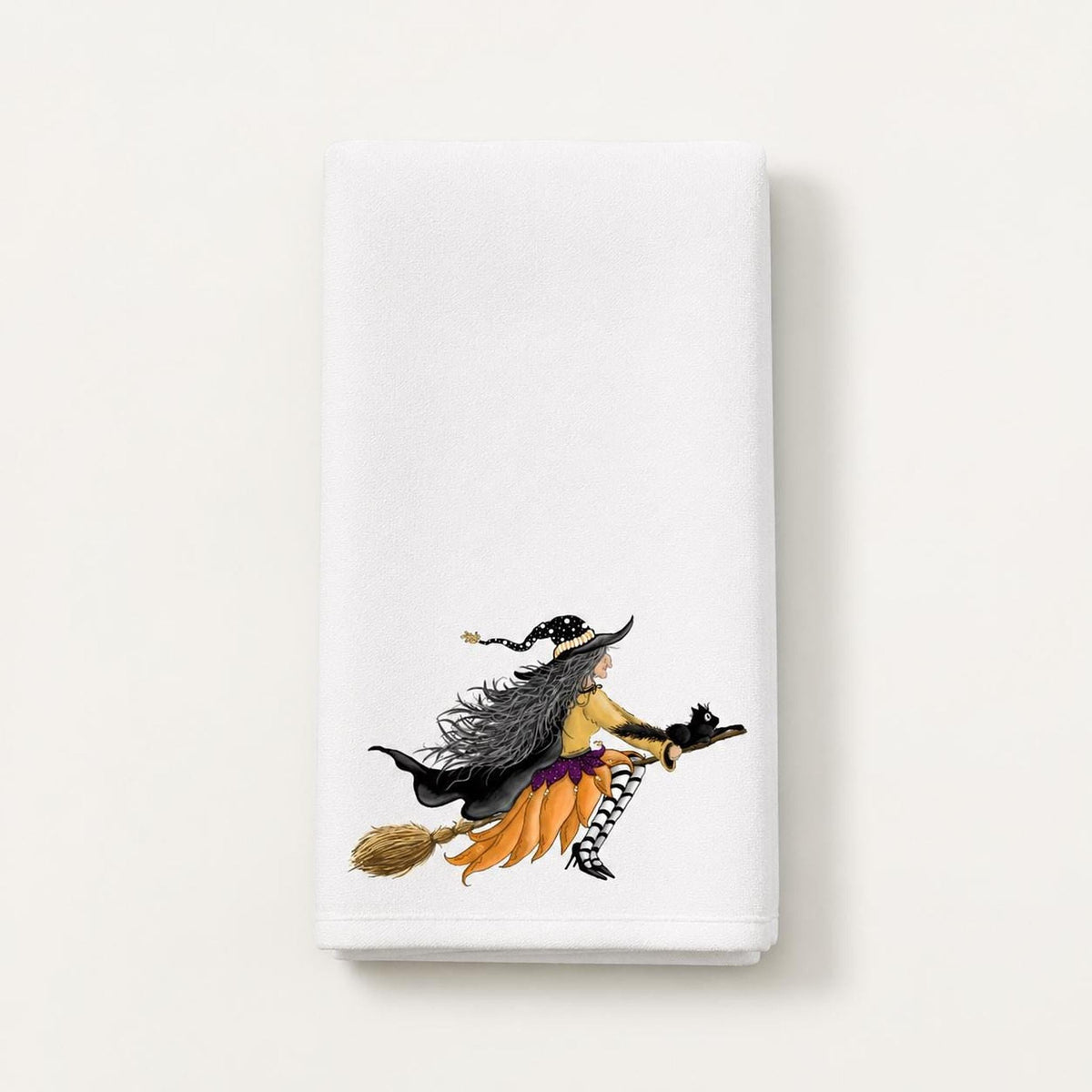Witch Towel with Whimsical Artwork, Halloween Fingertip for Guest Bath