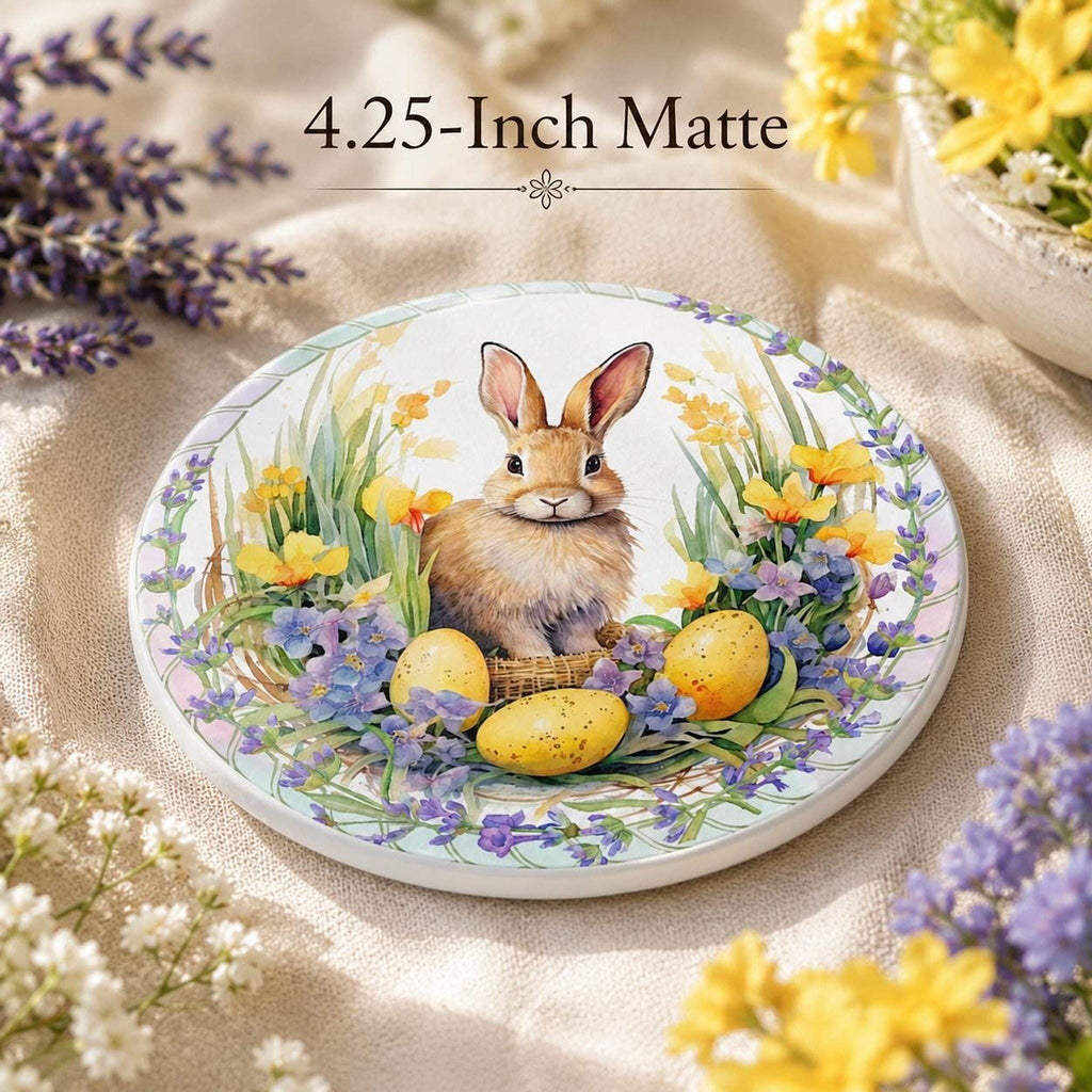 Easter Coaster with Bunny Design, Round Ceramic Spring Decor