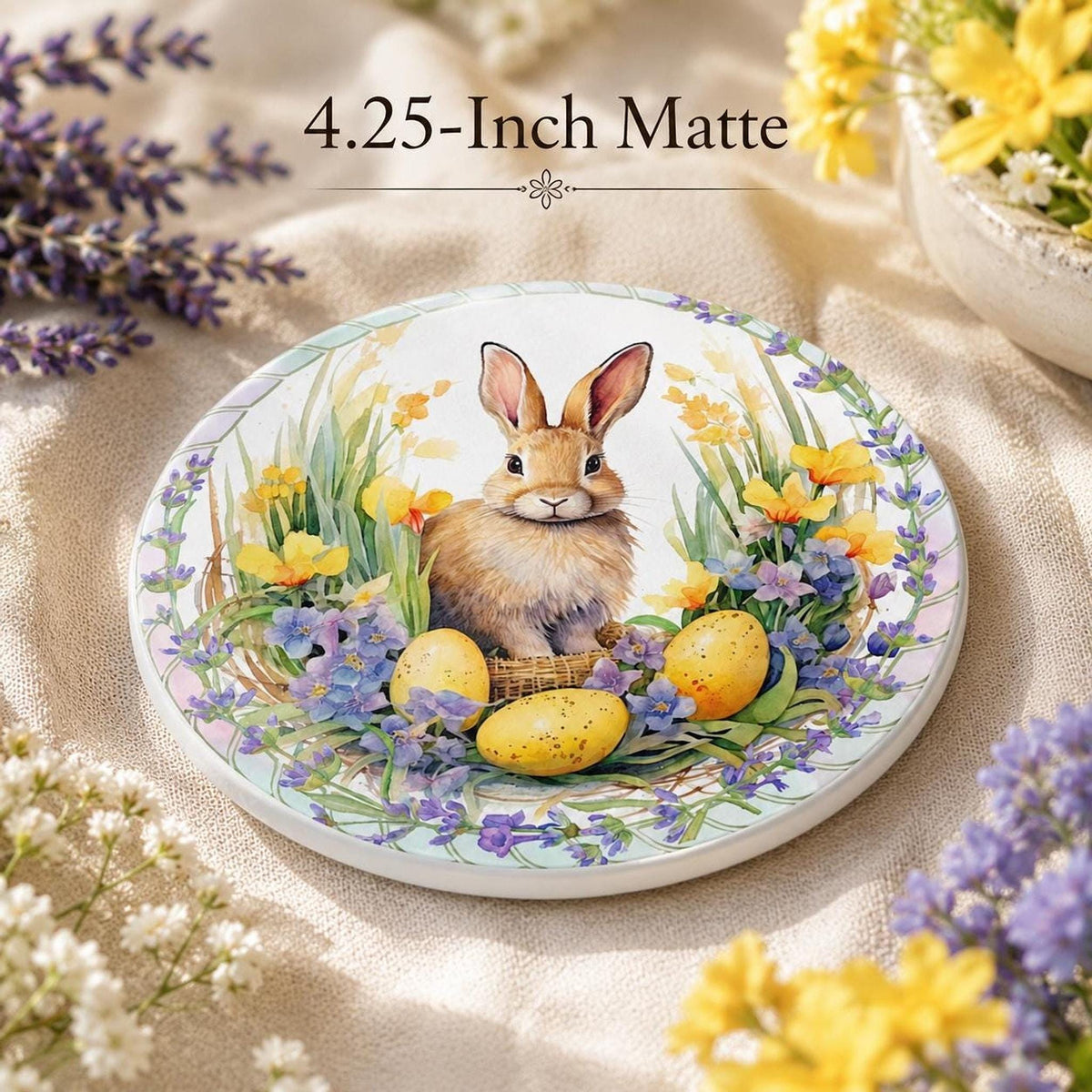Easter Coaster with Bunny Design, Round Ceramic Spring Decor