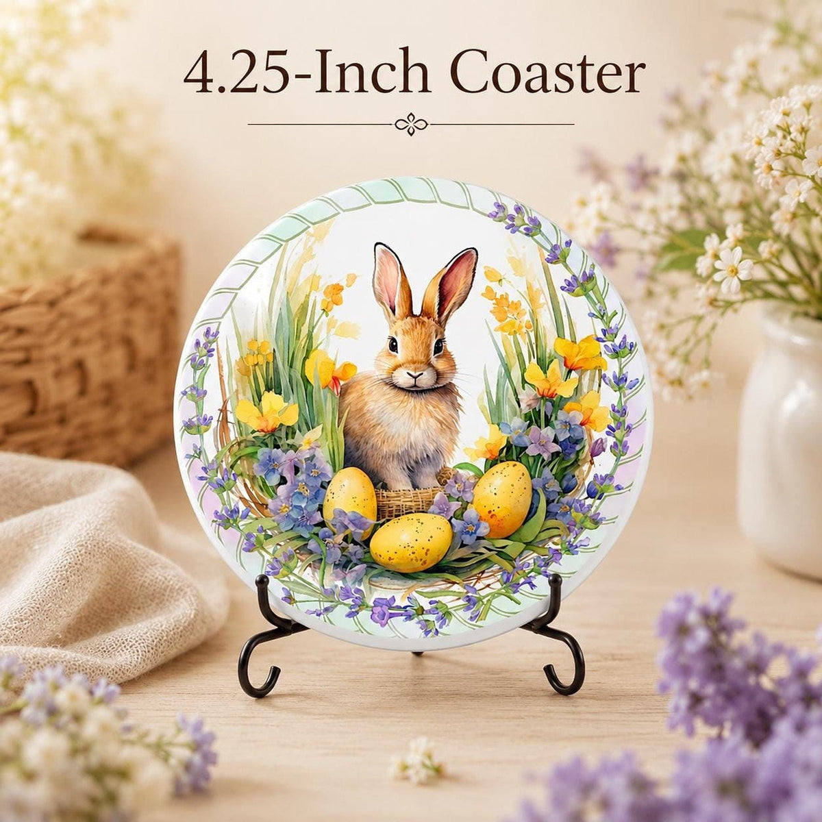Easter Coaster with Bunny Design, Round Ceramic Spring Decor