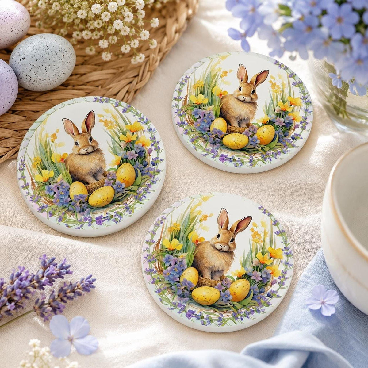 Easter Coaster with Bunny Design, Round Ceramic Spring Decor