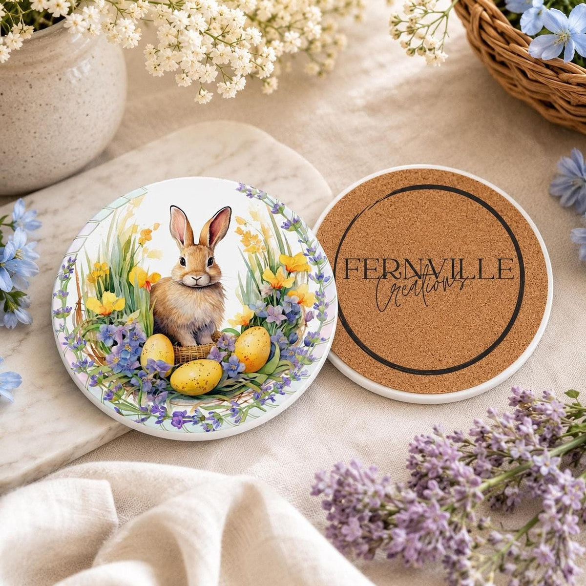 Easter Coaster with Bunny Design, Round Ceramic Spring Decor