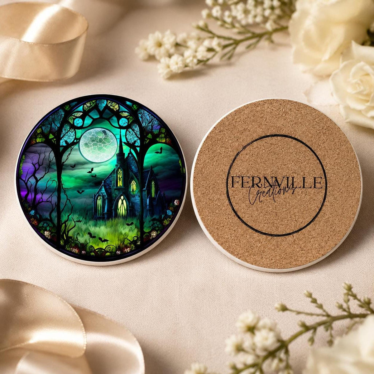 Halloween Coaster with Moonlit Gothic Chapel Design, Ceramic Drink Mat