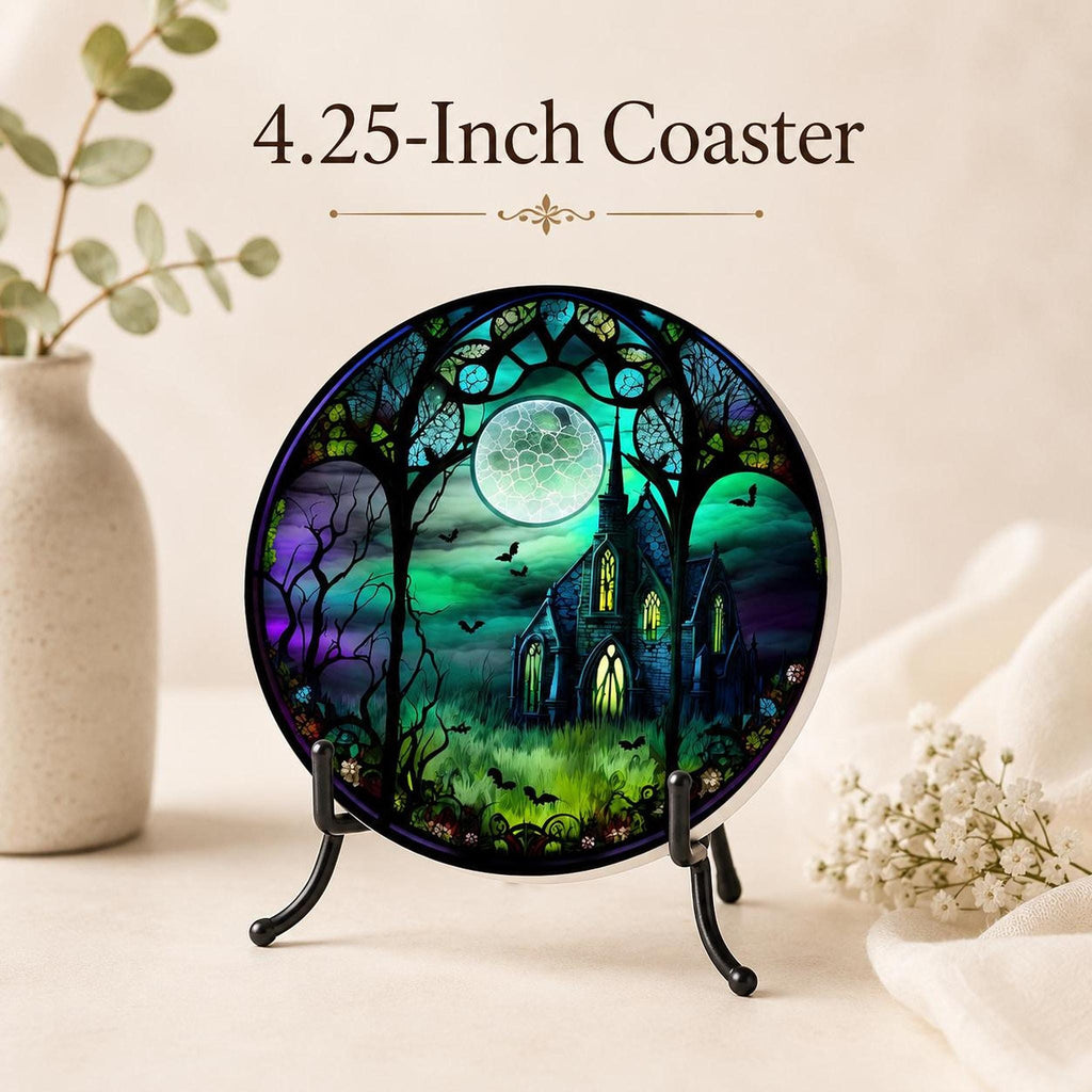 Halloween Coaster with Moonlit Gothic Chapel Design, Ceramic Drink Mat