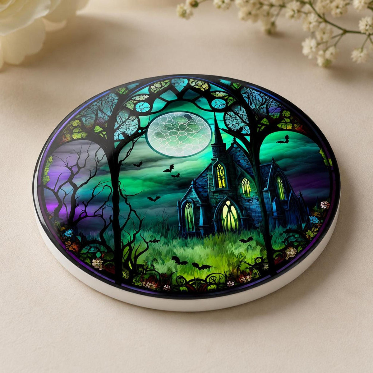 Halloween Coaster with Moonlit Gothic Chapel Design, Ceramic Drink Mat