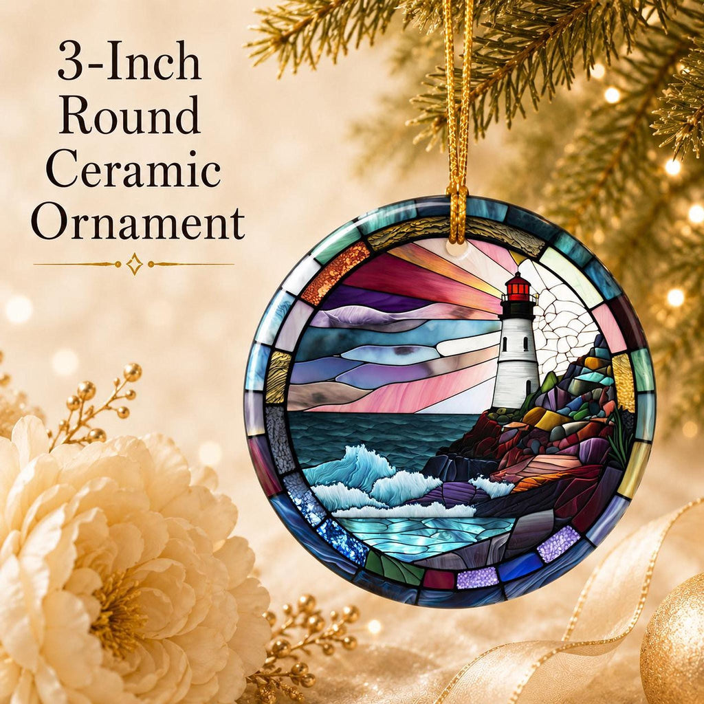 Lighthouse Ornament, Round Ceramic Keepsake with Coastal Scene