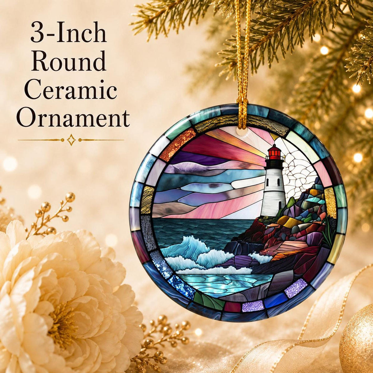 Lighthouse Ornament, Round Ceramic Keepsake with Coastal Scene