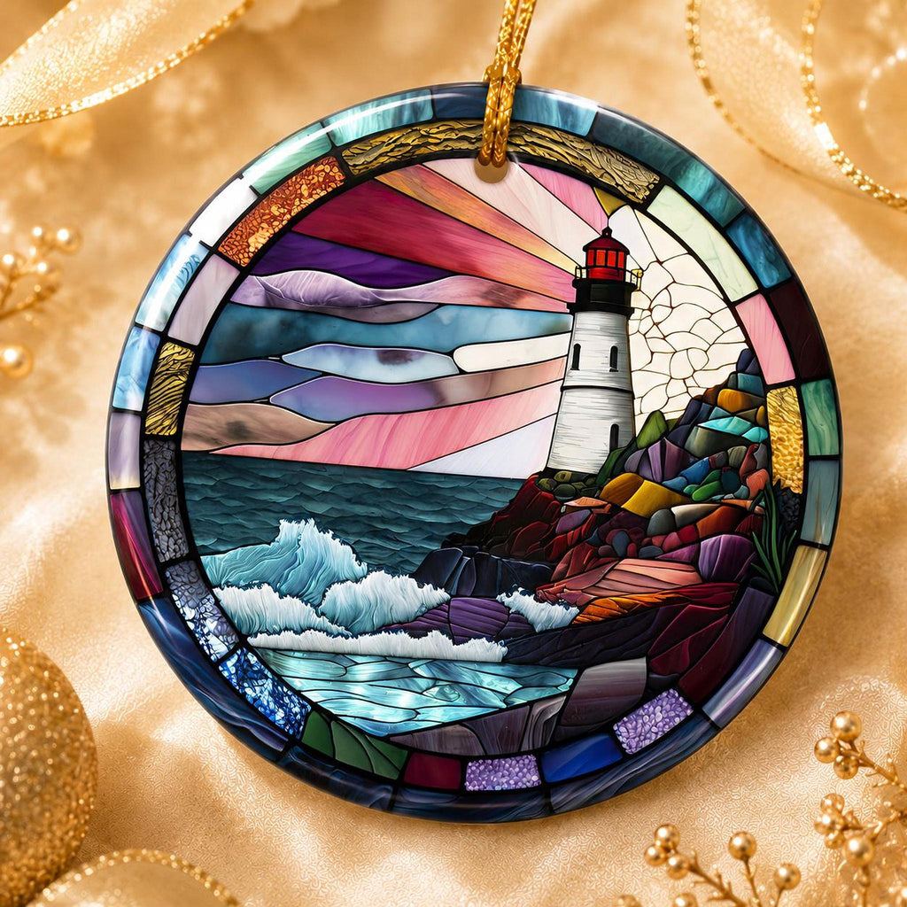 Lighthouse Ornament, Round Ceramic Keepsake with Coastal Scene