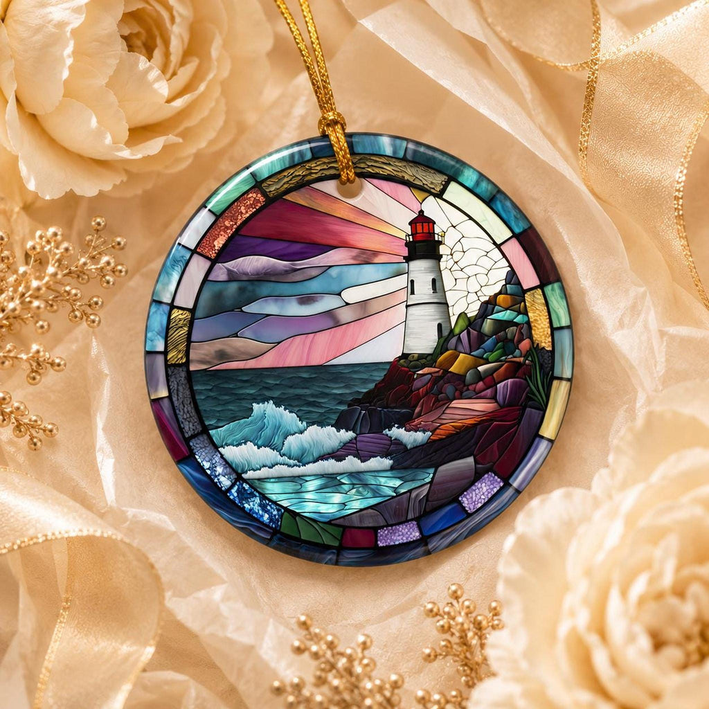 Lighthouse Ornament, Round Ceramic Keepsake with Coastal Scene