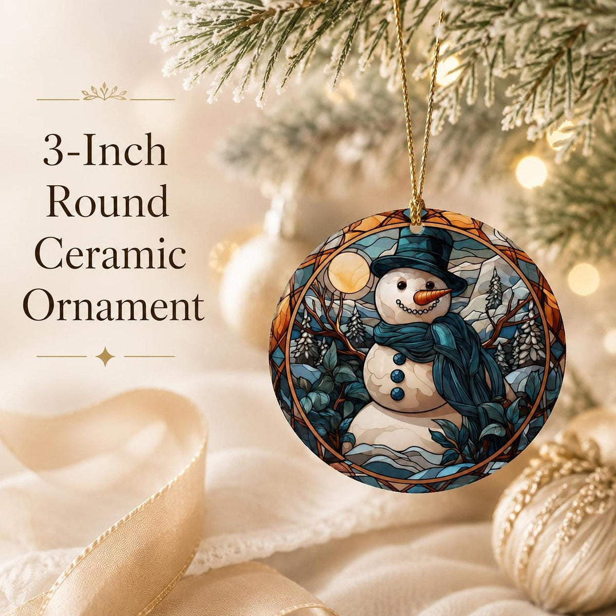 Snowman Ornament, Ceramic Holiday Keepsake with Leaded Glass Design