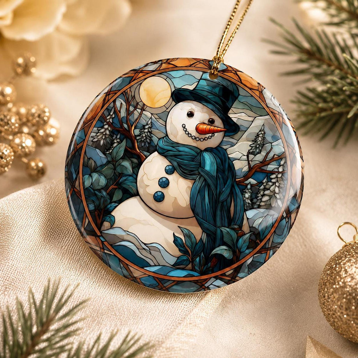 Snowman Ornament, Ceramic Holiday Keepsake with Leaded Glass Design