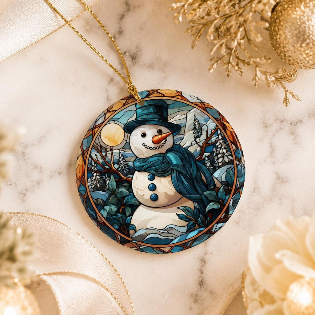 Snowman Ornament, Ceramic Holiday Keepsake with Leaded Glass Design
