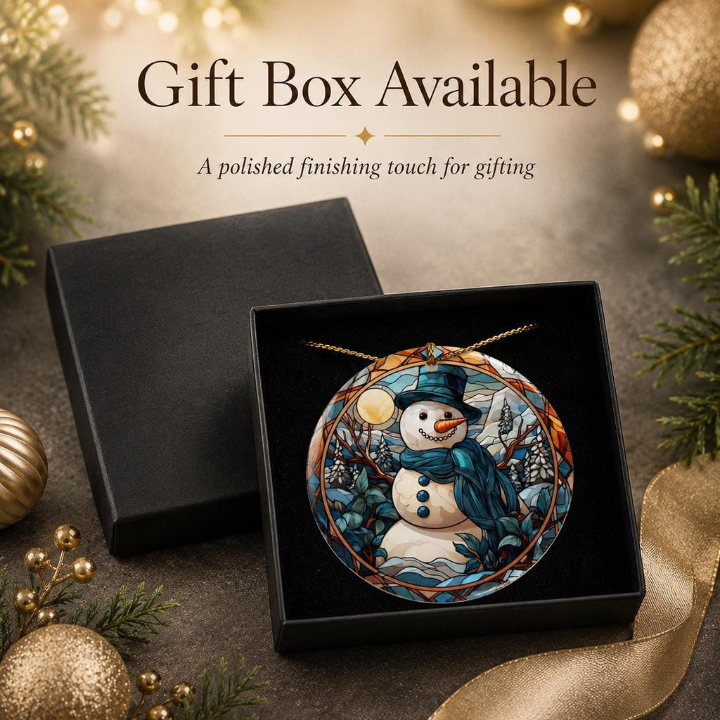 Snowman Ornament, Ceramic Holiday Keepsake with Leaded Glass Design
