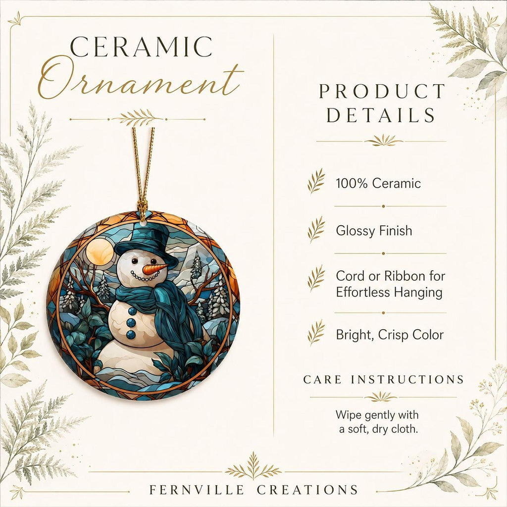 Snowman Ornament, Ceramic Holiday Keepsake with Leaded Glass Design