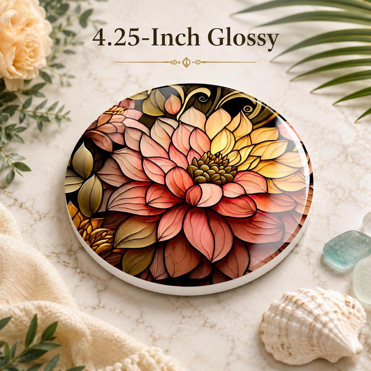 Floral Coaster, Round Dahlia Ceramic Table Decor with Glossy Finish