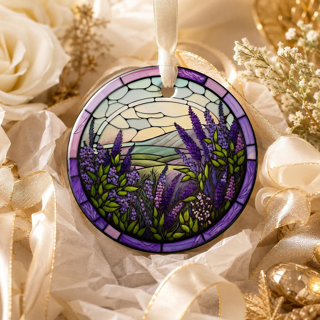 Lavender Ornament, Round Ceramic Keepsake with Botanical Design
