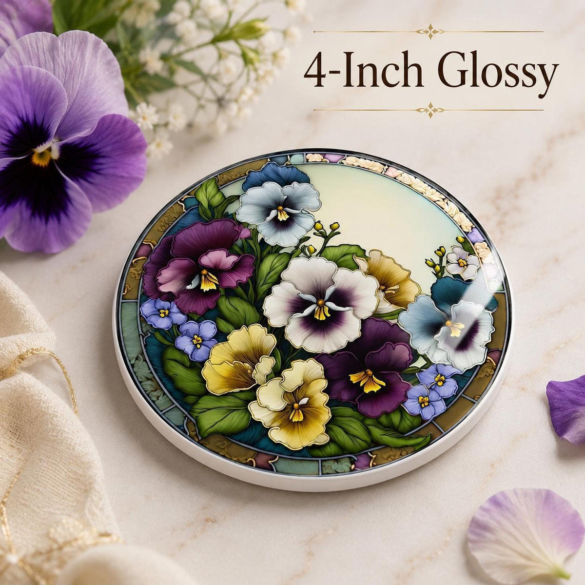 Pansy Coaster, Colorful Floral Ceramic Drink with Botanical Design