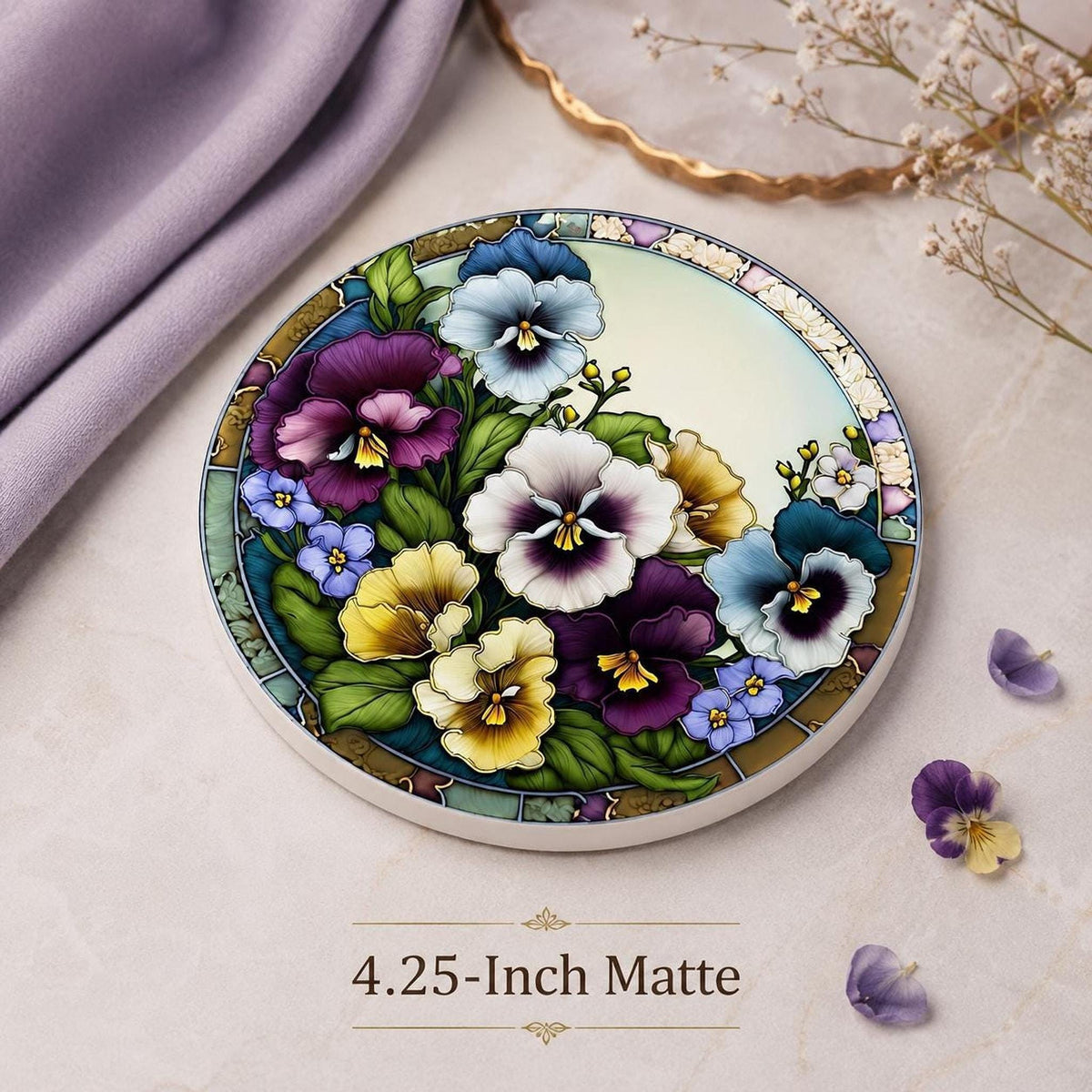 Pansy Coaster, Colorful Floral Ceramic Drink with Botanical Design