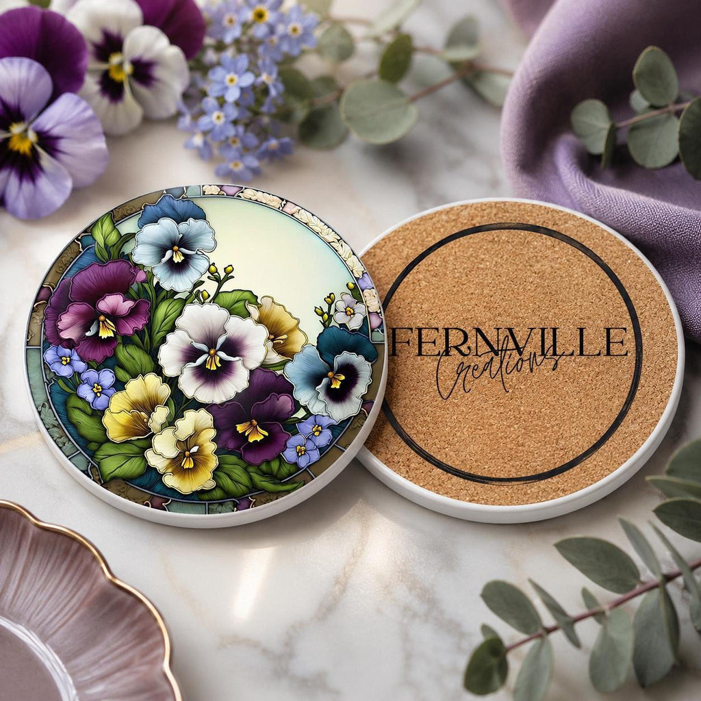 Pansy Coaster, Colorful Floral Ceramic Drink with Botanical Design