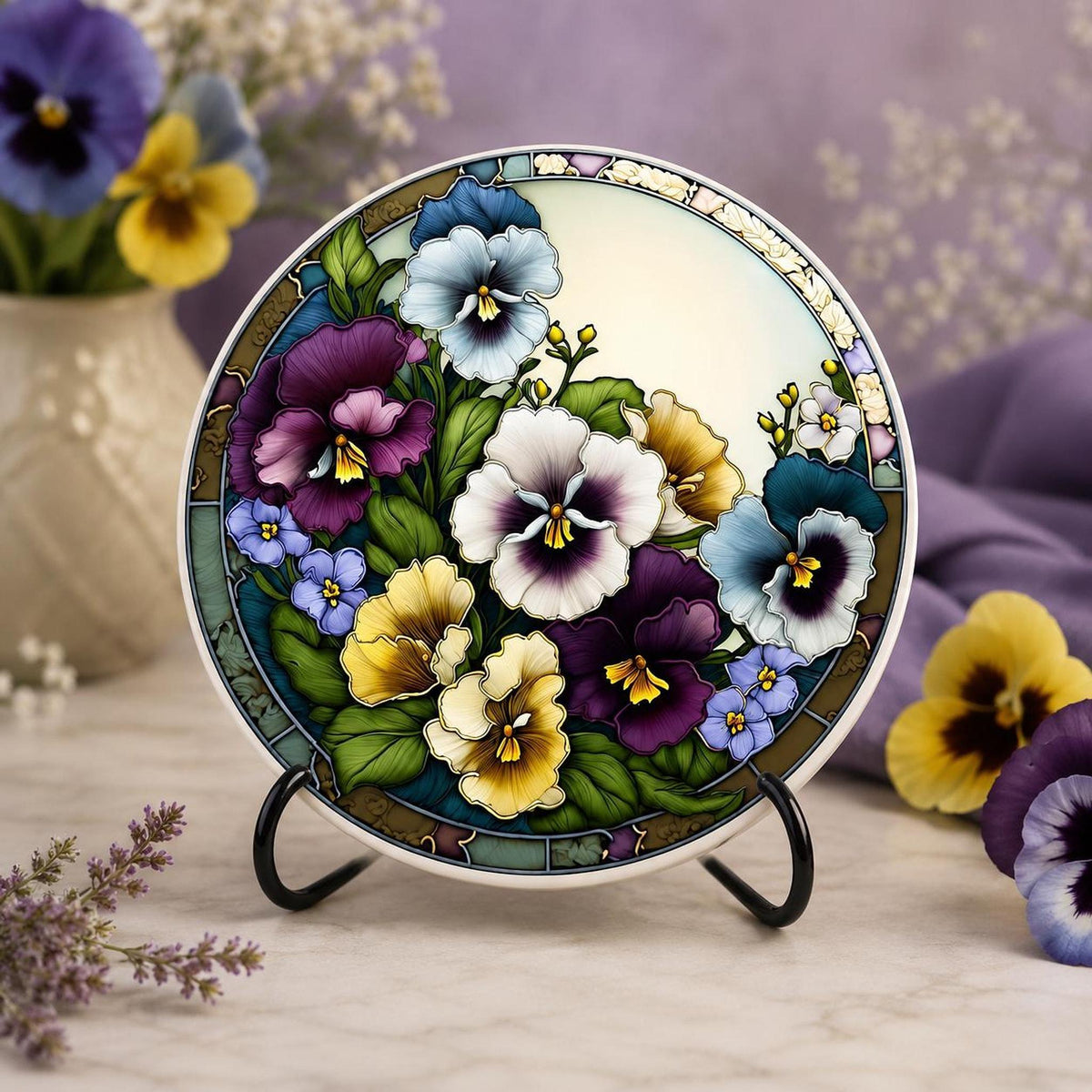 Pansy Coaster, Colorful Floral Ceramic Drink with Botanical Design
