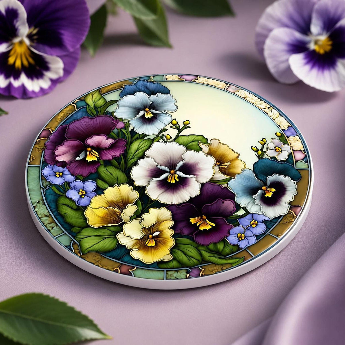 Pansy Coaster, Colorful Floral Ceramic Drink with Botanical Design