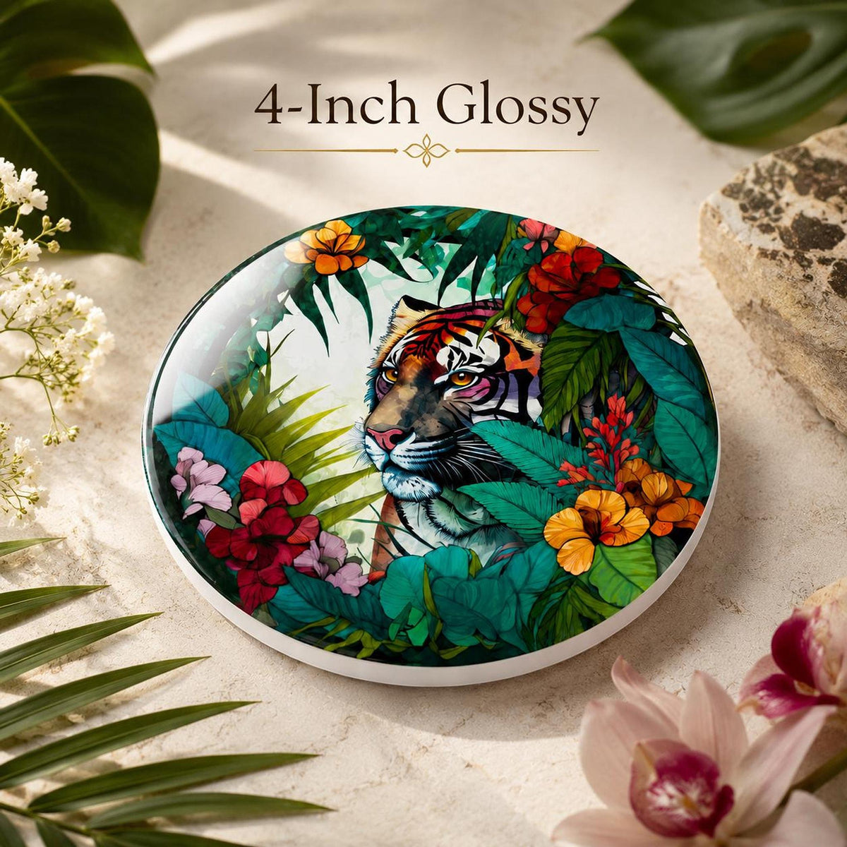 Tiger Coaster with Tropical Jungle Design, Ceramic Round