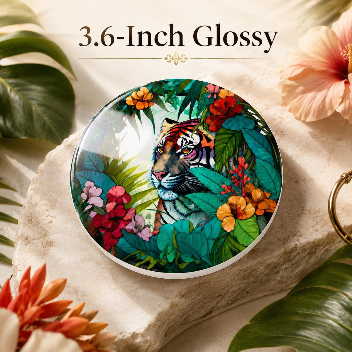 Tiger Coaster with Tropical Jungle Design, Ceramic Round