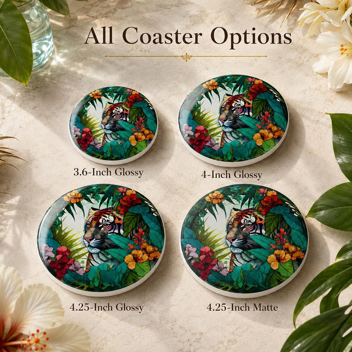 Tiger Coaster with Tropical Jungle Design, Ceramic Round