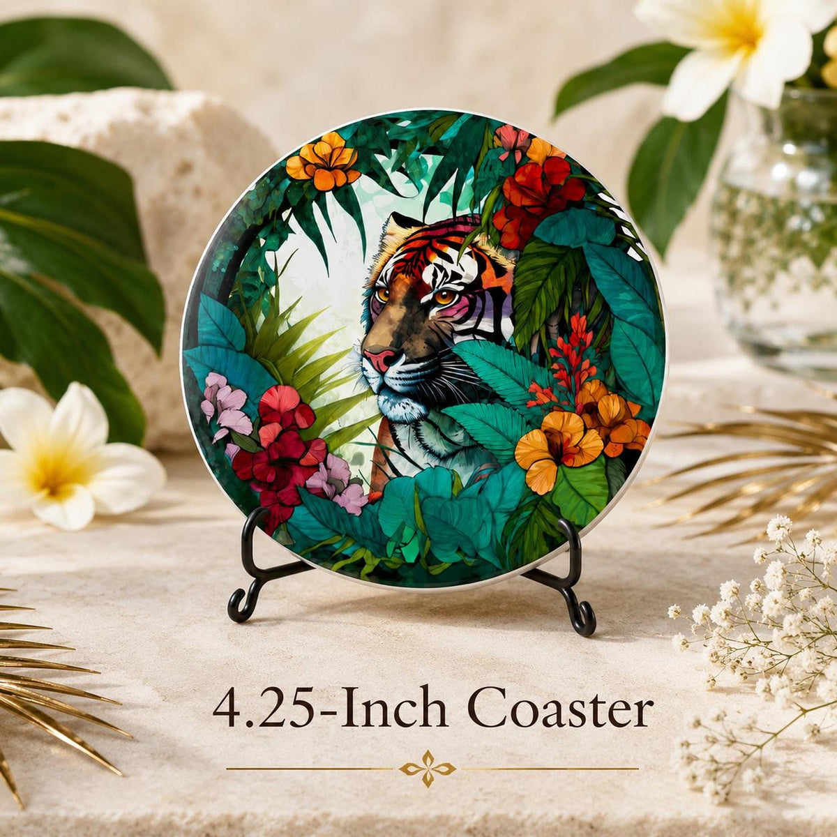 Tiger Coaster with Tropical Jungle Design, Ceramic Round