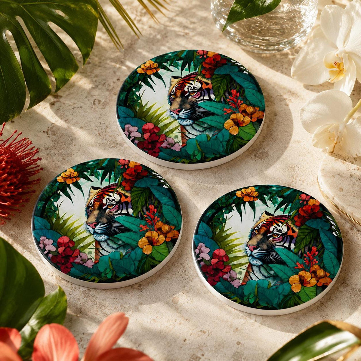 Tiger Coaster with Tropical Jungle Design, Ceramic Round