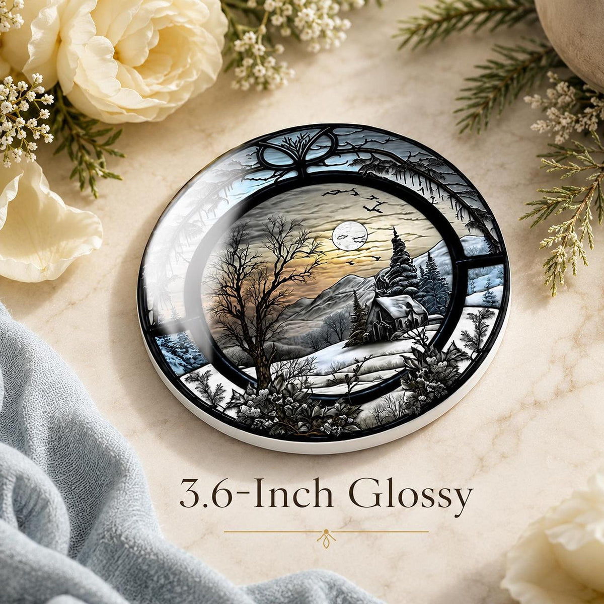 Winter Coaster with Snowy Cabin Landscape, Ceramic Drink