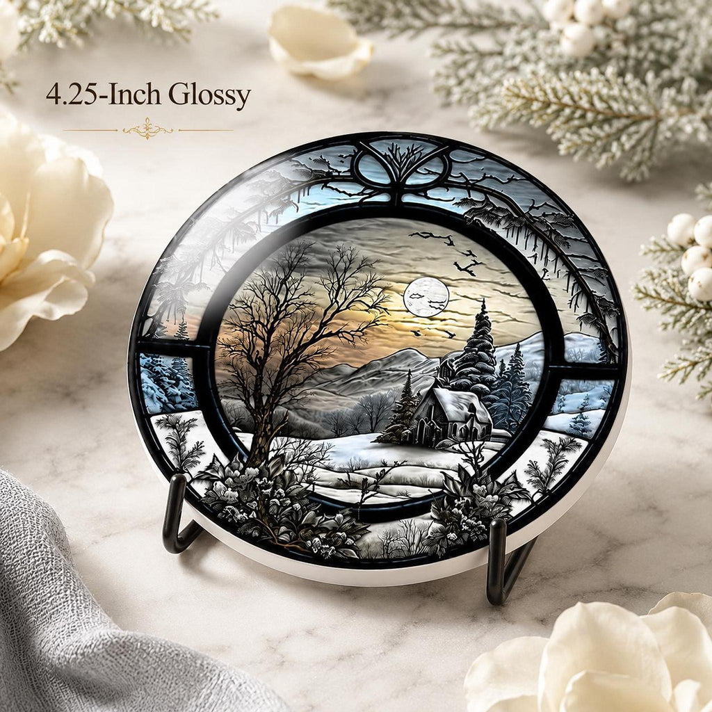 Winter Coaster with Snowy Cabin Landscape, Ceramic Drink