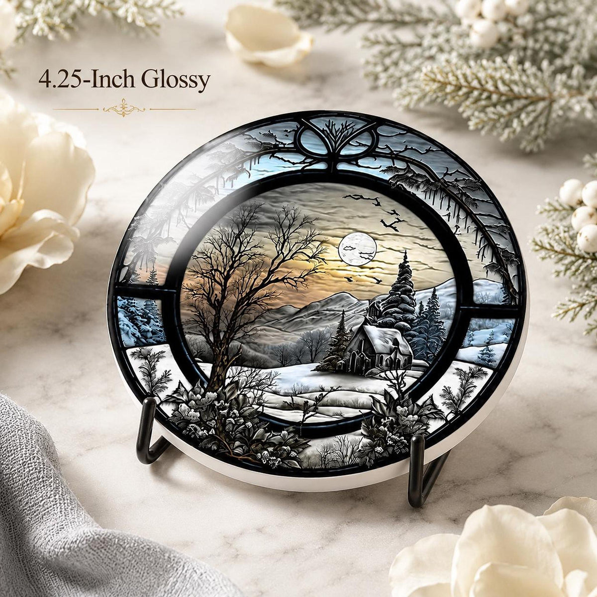 Winter Coaster with Snowy Cabin Landscape, Ceramic Drink