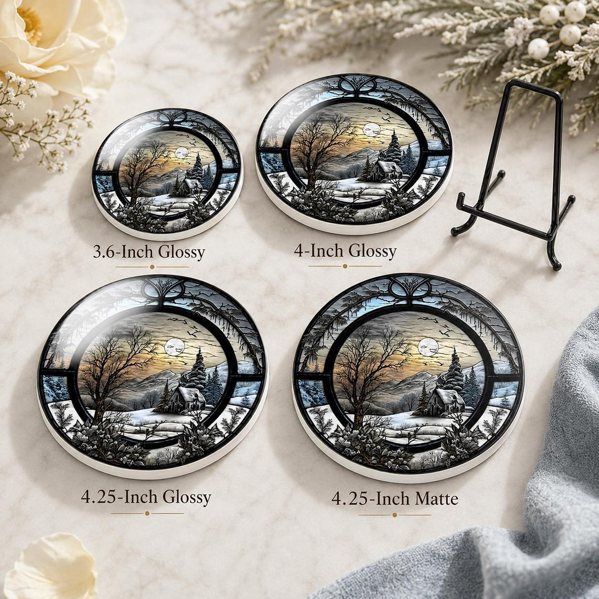 Winter Coaster with Snowy Cabin Landscape, Ceramic Drink