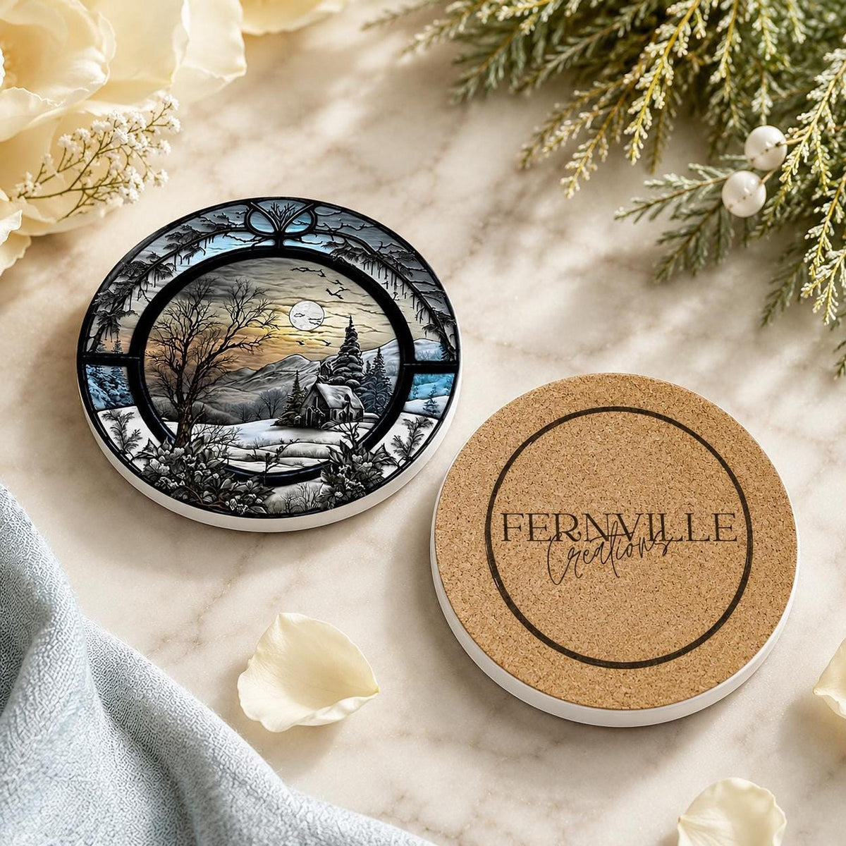 Winter Coaster with Snowy Cabin Landscape, Ceramic Drink